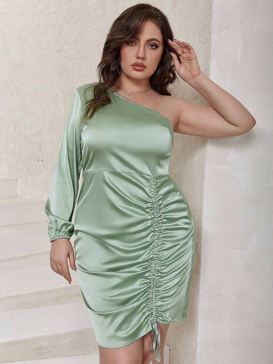 Eilly Bazar Figurbetontes Kleid mit einer Schulter frei, Schnürung vorne, Satin - Minzgrün - Übersicht 1