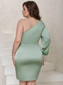 Eilly Bazar Figurbetontes Kleid mit einer Schulter frei, Schnürung vorne, Satin - Minzgrün - Übersicht 2