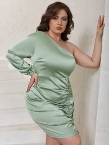 Eilly Bazar Figurbetontes Kleid mit einer Schulter frei, Schnürung vorne, Satin - Minzgrün - Übersicht 3