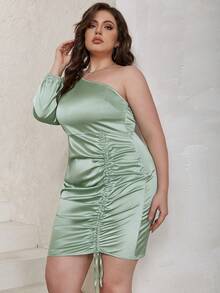 Eilly Bazar Figurbetontes Kleid mit einer Schulter frei, Schnürung vorne, Satin - Minzgrün - Übersicht 4