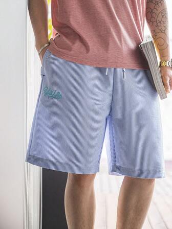 男士條紋印花腰部抽繩短褲