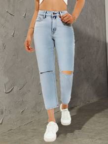SHEIN EZwear Ripped Cropped Jeans - Light Wash - View 1