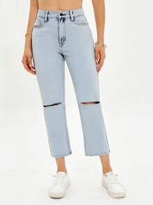 SHEIN EZwear Ripped Cropped Jeans - Light Wash - View 3