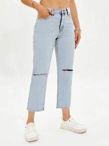 SHEIN EZwear Ripped Cropped Jeans - Light Wash - View 4