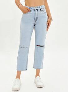 SHEIN EZwear Ripped Cropped Jeans - Light Wash - View 6