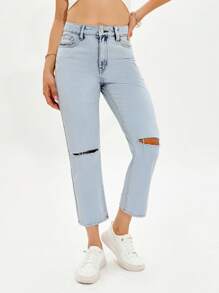 SHEIN EZwear Ripped Cropped Jeans - Light Wash - View 7