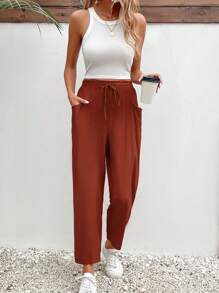 SHEIN Frenchy Solid Knot Waist Slant Pocket Pants - Rust Brown - View 1