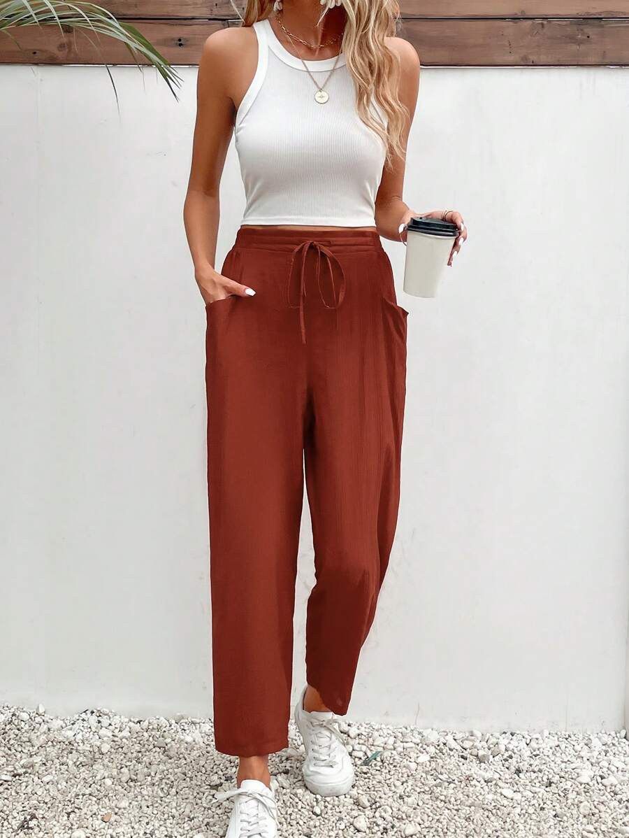 SHEIN Frenchy Solid Knot Waist Slant Pocket Pants - Rust Brown - View 1