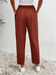 SHEIN Frenchy Solid Knot Waist Slant Pocket Pants - Rust Brown - View 2