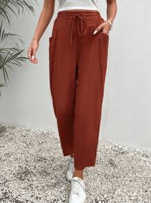 SHEIN Frenchy Solid Knot Waist Slant Pocket Pants - Rust Brown - View 4