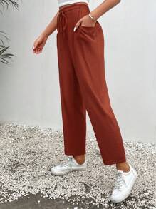 SHEIN Frenchy Solid Knot Waist Slant Pocket Pants - Rust Brown - View 5