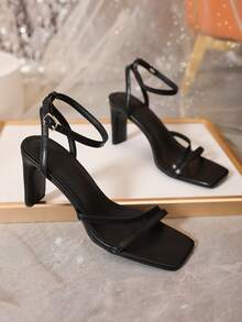 方形高跟綁帶涼鞋&極簡風格粗跟踝帶平底涼鞋 - 黑色 - 查看 5