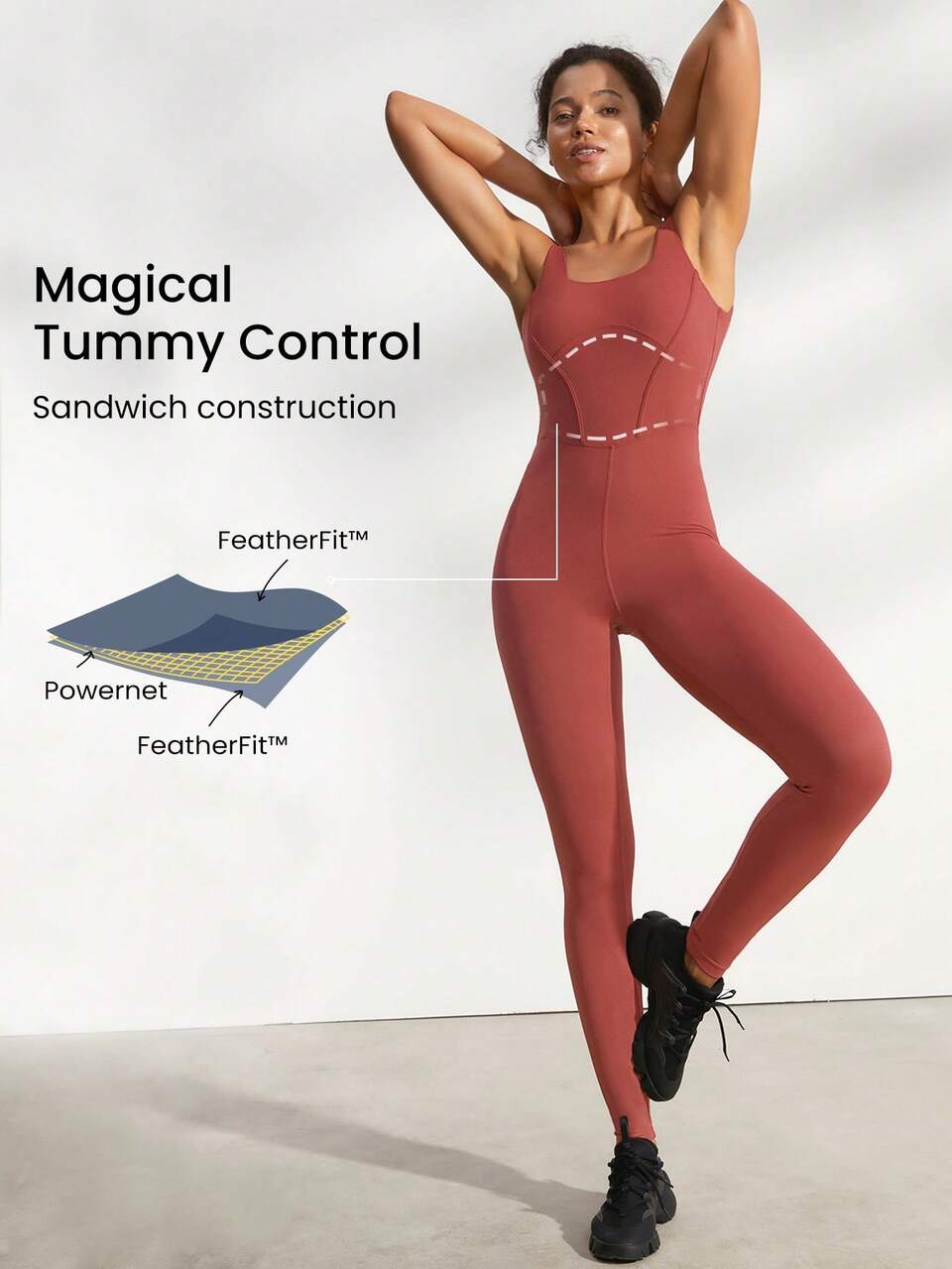 24" FeatherFit™ Tummy Control Open Back Gym Yoga Pilates Sports Jumpsuit Bodysuit Summer Elegant For Woman