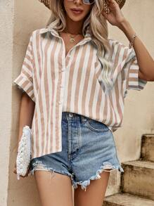 SHEIN VCAY Striped Batwing Sleeve Shirt - Apricot - View 3