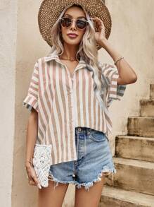 SHEIN VCAY Striped Batwing Sleeve Shirt - Apricot - View 5