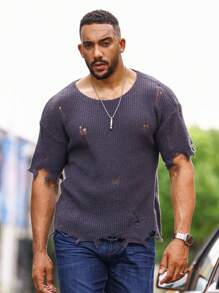 Manfinity Homme Men Ripped Drop Shoulder Distressed Jumper - Dark Grey - View 8