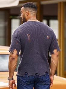 Manfinity Homme Men Ripped Drop Shoulder Distressed Jumper - Dark Grey - View 2