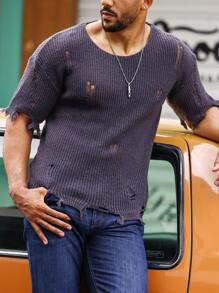 Manfinity Homme Men Ripped Drop Shoulder Distressed Jumper - Dark Grey - View 7