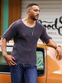 Manfinity Homme Men Ripped Drop Shoulder Distressed Jumper - Dark Grey - View 5