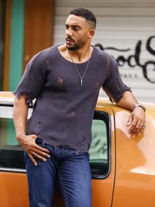 Manfinity Homme Men Ripped Drop Shoulder Distressed Jumper - Dark Grey - View 6