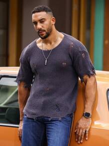 Manfinity Homme Men Ripped Drop Shoulder Distressed Jumper - Dark Grey - View 1