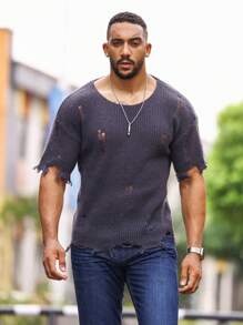 Manfinity Homme Men Ripped Drop Shoulder Distressed Jumper - Dark Grey - View 3