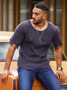 Manfinity Homme Men Ripped Drop Shoulder Distressed Jumper - Dark Grey - View 4