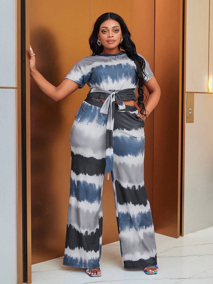 Plus Tie Dye Knot Front Crop Tee & Wide Leg Pants - Blue and White - View 1