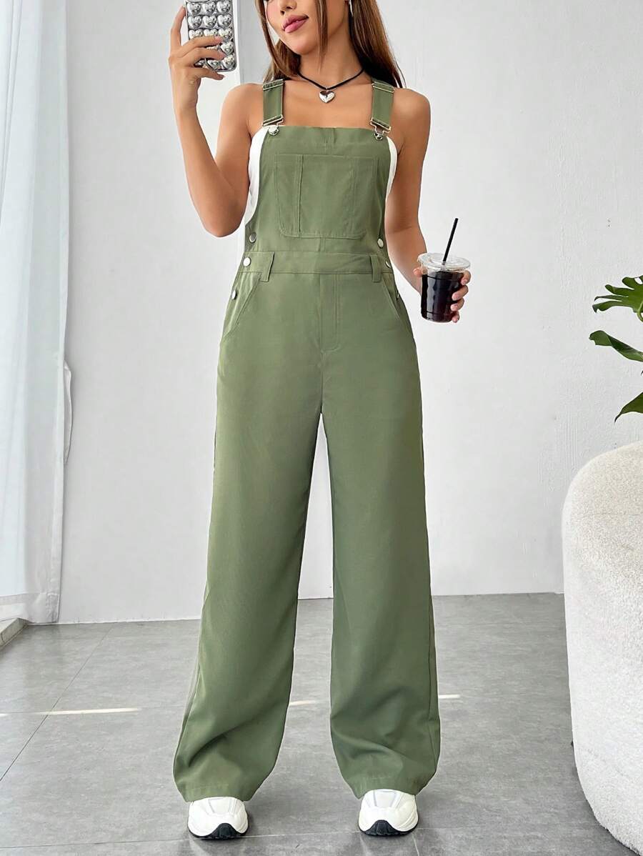 SHEIN EZwear 素色前口袋背帶連身褲不附抹胸