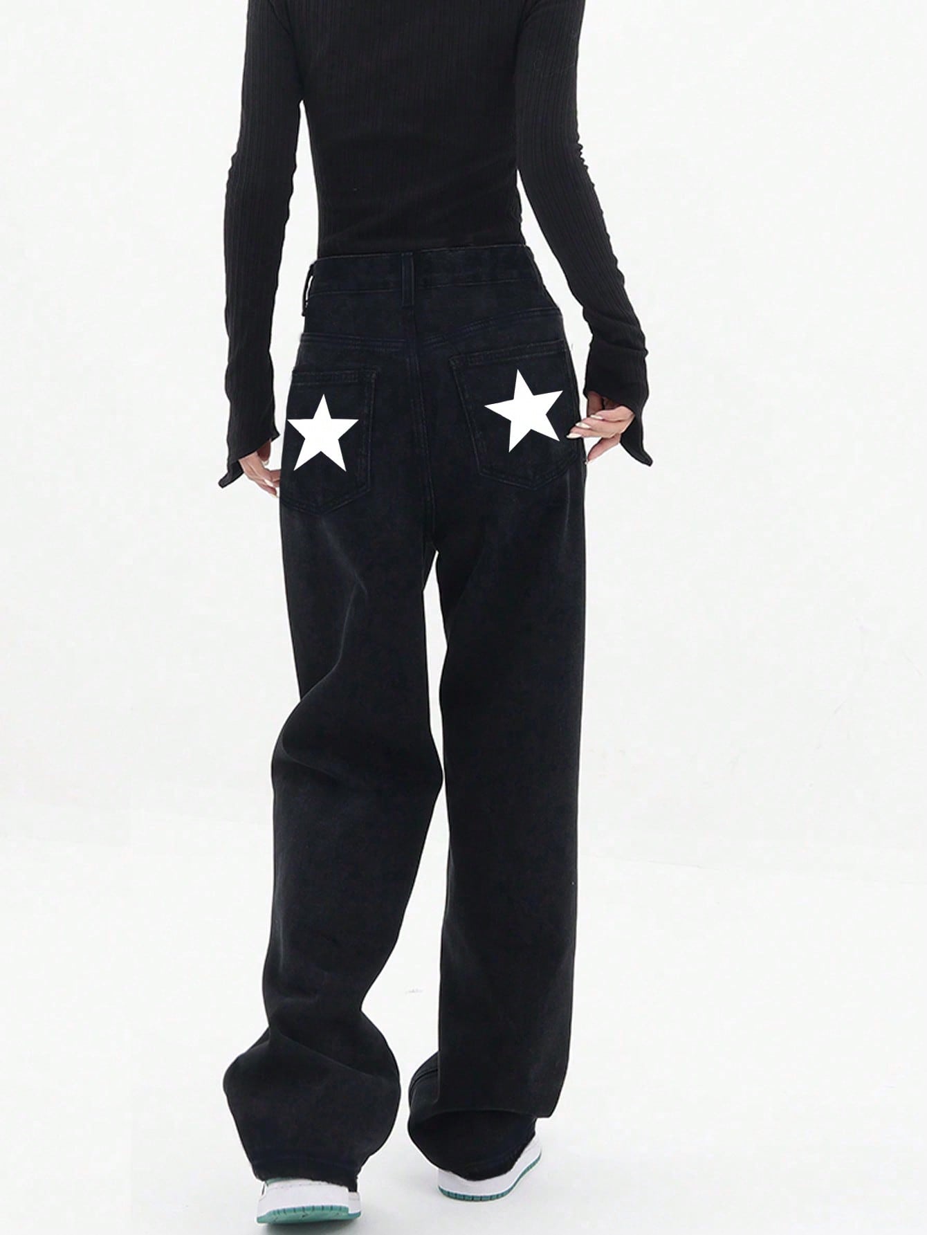 Jeans Baggy Donna/uomo, Vita Alta E Stampa, In Denim Largo Nero - Stile Goth Streetwear