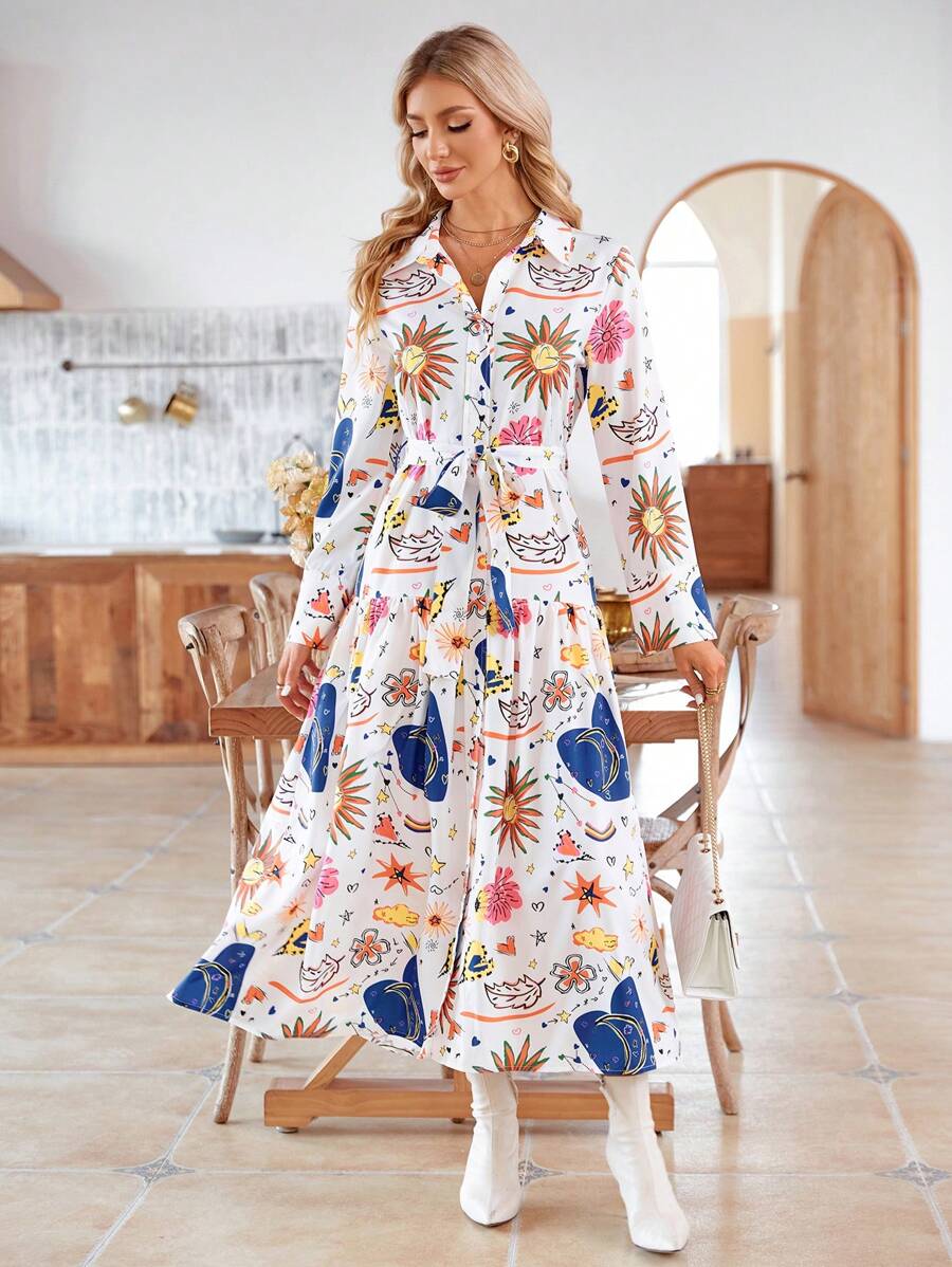 SHEIN Clasi Floral Print Button Front Shirt Dress - Multicolor - View 1