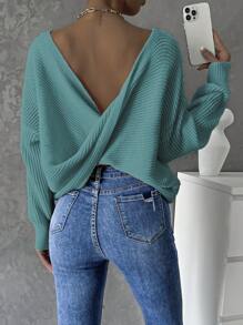 SHEIN Frenchy Xoắn Không lưng Thả vai Đồ đan Ribbed Áo len - Màu xanh Cadet - Xem 1