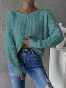 SHEIN Frenchy Xoắn Không lưng Thả vai Đồ đan Ribbed Áo len - Màu xanh Cadet - Xem 2