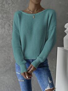 SHEIN Frenchy Xoắn Không lưng Thả vai Đồ đan Ribbed Áo len - Màu xanh Cadet - Xem 3