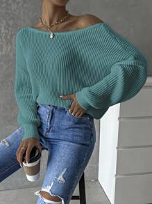 SHEIN Frenchy Xoắn Không lưng Thả vai Đồ đan Ribbed Áo len - Màu xanh Cadet - Xem 5