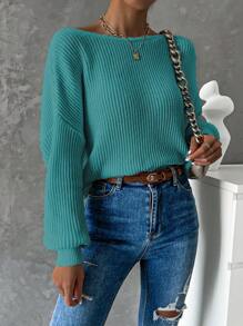 SHEIN Frenchy Xoắn Không lưng Thả vai Đồ đan Ribbed Áo len - Màu xanh Cadet - Xem 6