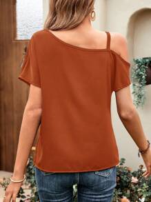 SHEIN LUNE Chain Detail Asymmetrical Neck Batwing Sleeve Blouse - Coffee Brown - View 2