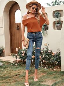 SHEIN LUNE Chain Detail Asymmetrical Neck Batwing Sleeve Blouse - Coffee Brown - View 3