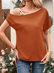 SHEIN LUNE Chain Detail Asymmetrical Neck Batwing Sleeve Blouse - Coffee Brown - View 5