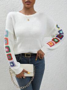 SHEIN Essnce Mô hình hoa Thả vai Áo len - trắng - Xem 1