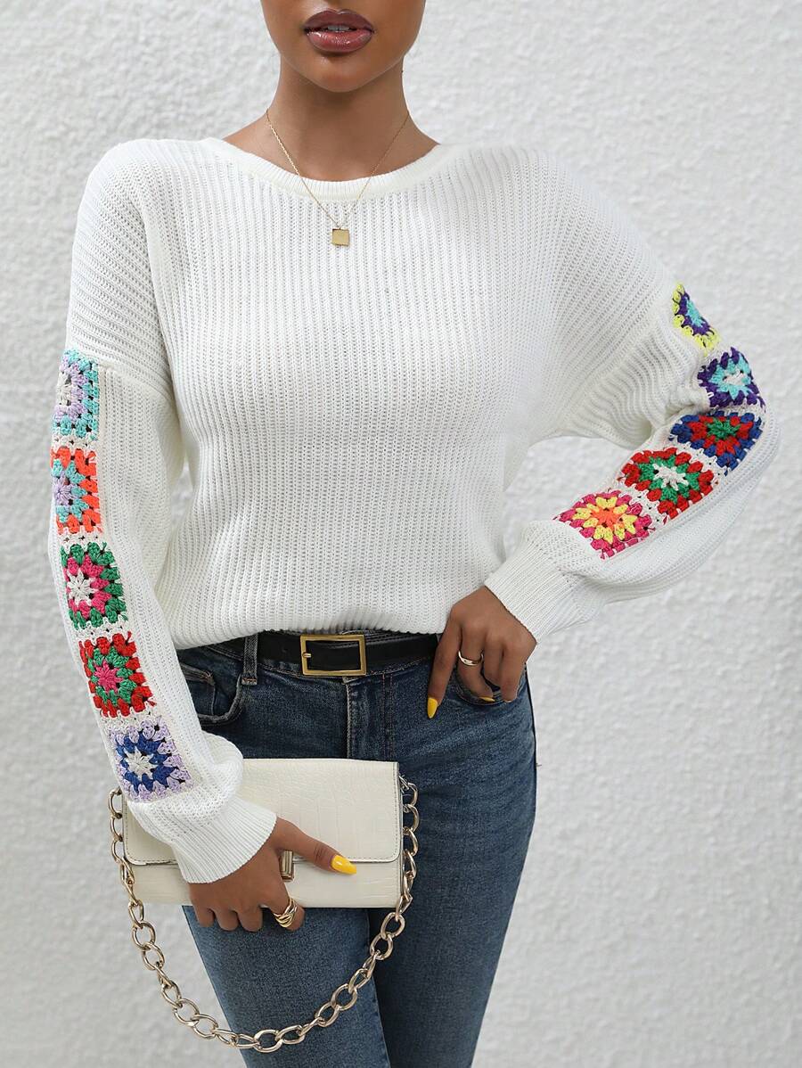 SHEIN Essnce Mô hình hoa Thả vai Áo len - trắng - Xem 1