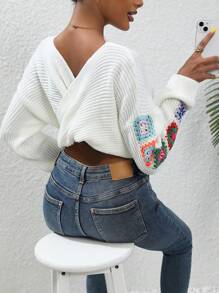 SHEIN Essnce Mô hình hoa Thả vai Áo len - trắng - Xem 2