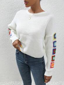 SHEIN Essnce Mô hình hoa Thả vai Áo len - trắng - Xem 3