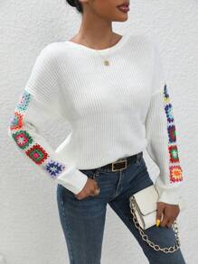 SHEIN Essnce Mô hình hoa Thả vai Áo len - trắng - Xem 4