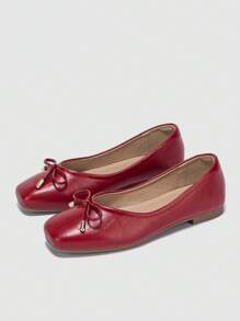 Women's Flat Square Toe Soft Pu Leather Bow Knot Comfortable Shoes With Soft Outsole, For Spring And Autumn - Red - View 1