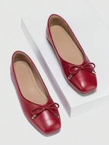 Women's Flat Square Toe Soft Pu Leather Bow Knot Comfortable Shoes With Soft Outsole, For Spring And Autumn - Red - View 2