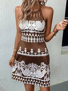 SHEIN LUNE 幾何印花繞頸露背連衣裙 - 棕色 - 查看 4