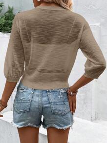 SHEIN LUNE Chất rắn Nút phía trước Áo len Mở - Màu nâu  Mocha - Xem 2