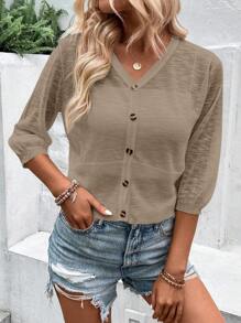 SHEIN LUNE Chất rắn Nút phía trước Áo len Mở - Màu nâu  Mocha - Xem 5