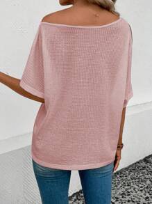 SHEIN LUNE Solid Asymmetrical Neck Batwing Sleeve Tee - Dusty Pink - View 2